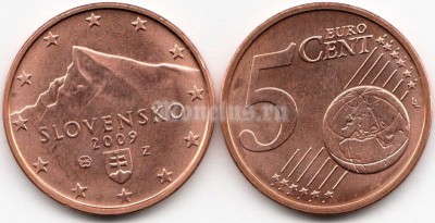 монета Словакия 5 евро центов 2009 год