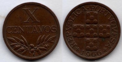 монета Португалия 10 сентаво 1966 год