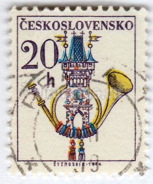 марка Чехословакия 20 геллер "Post Horn" 1974 год Гашение