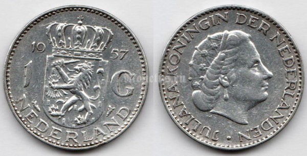 монета Нидерланды 1 гульден 1957 год