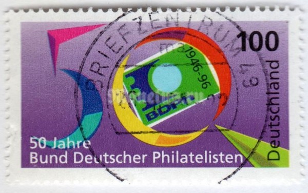 марка ФРГ 100 пфенниг "Number 50, magnifying glass, BDPh-Emblem" 1996 год Гашение