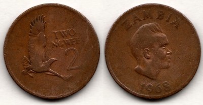 монета Замбия 2 нгве 1968 год