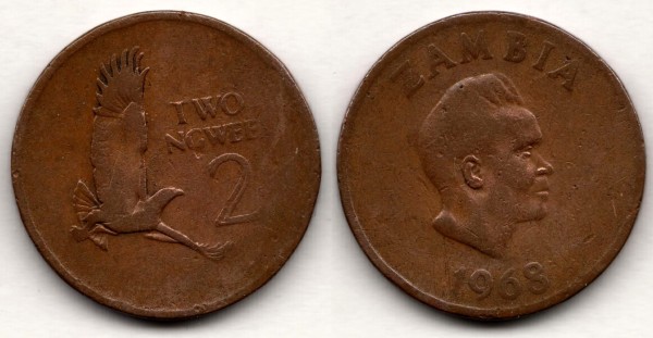 монета Замбия 2 нгве 1968 год