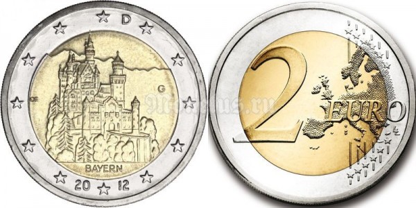 монета Германия 2 евро 2012 год Бавария. Замок Нойшванштайн