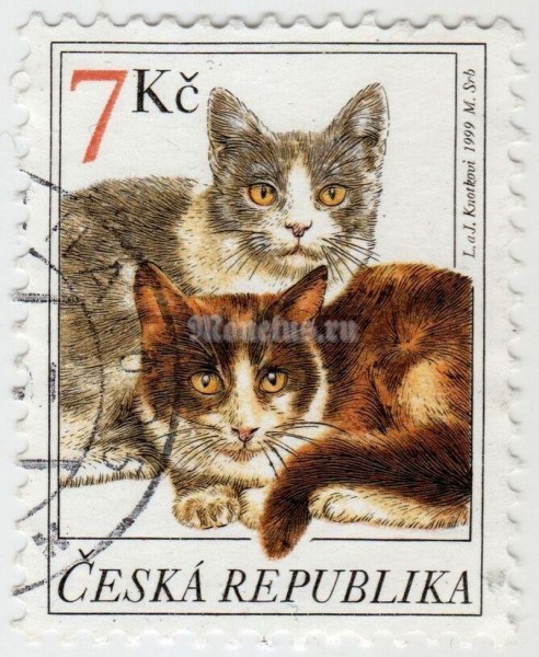 марка Чехия 7 крон "Domestic Cat (Felis silvestris catus)" 1999 год гашение