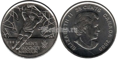 Монета Канада 25 центов 2009 год XXI Зимние Олимпийские Игры 2010 года в Ванкувере мужской хоккей