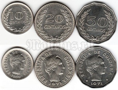 Колумбия набор из 3-х монет 1969-1971 год
