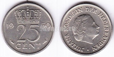 монета Нидерланды 25 центов 1950 год