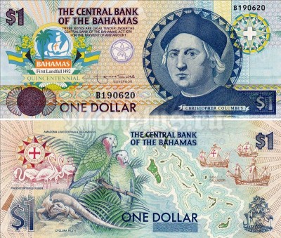 банкнота Багамские острова 1 доллар 1992 год - 500 лет открытию Америки Христофором Колумбом
