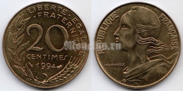 монета Франция 20 сантимов 1994 год
