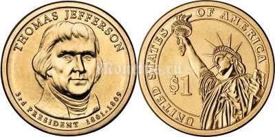 Монета 1 доллар 2007 год Томас Джефферсон 3-й президент США