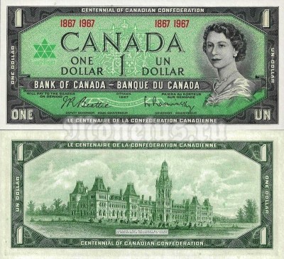 банкнота Канада 1 доллар 1967 год - 100 лет Конфедерации Канады