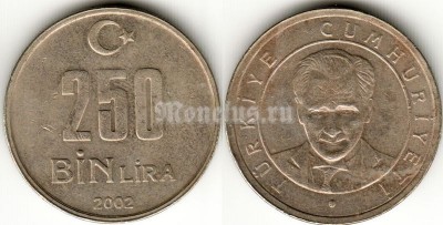 монета Турция 250 лир 2002 год