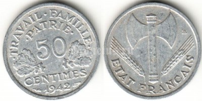 монета Франция 50 сантимов 1942 год