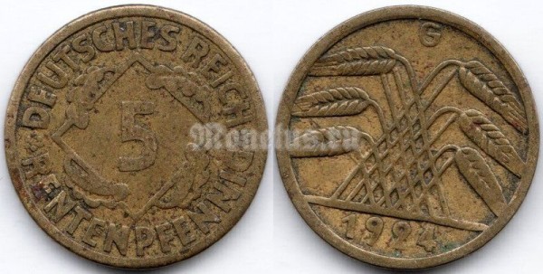 монета Германия 5 рейхспфеннигов 1924 год G
