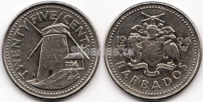 монета Барбадос 25 центов 1996 год