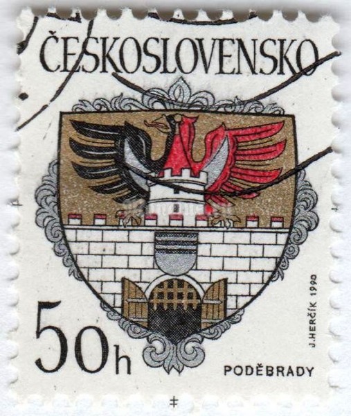 марка Чехословакия 50 геллер "Coat of arms - Poděbrady" 1990 год Гашение