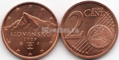 монета Словакия 2 евро цента 2009 год