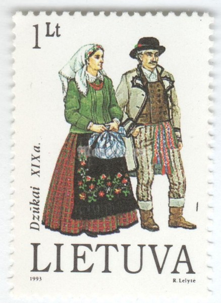 марка Литва 1 лит "Costumes of Dzukai" 1993 год