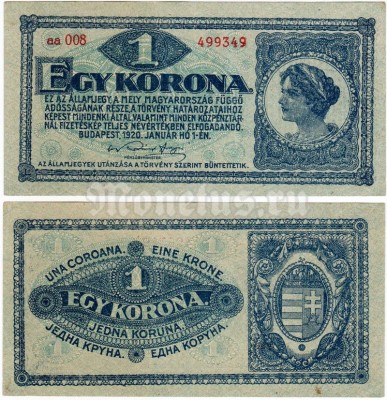 банкнота Венгрия 1 крона 1920 год