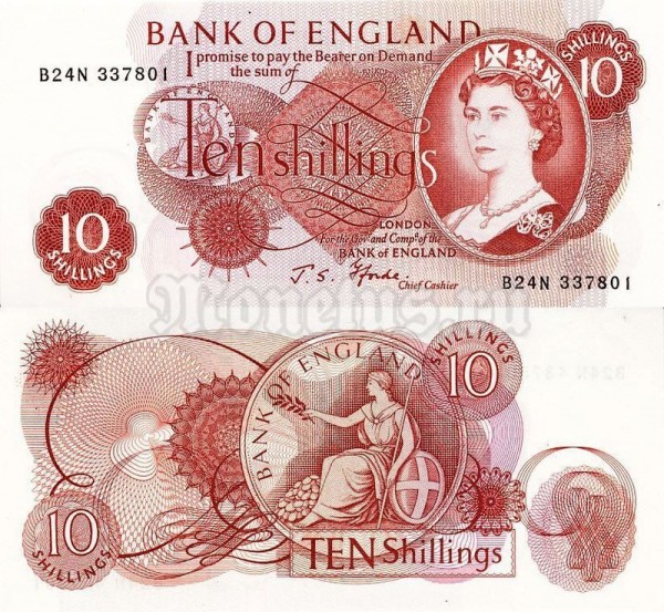 банкнота Великобритания 10 шиллингов 1966 - 1970 год, подпись №1