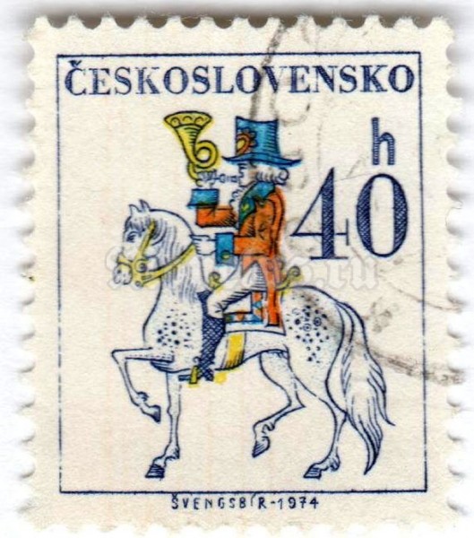 марка Чехословакия 40 геллер "Post rider" 1974 год Гашение