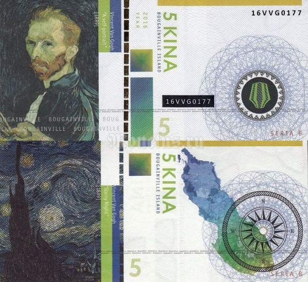 Банкнота Бугенвиль 5 кина 2016 год Винсент Ван Гог