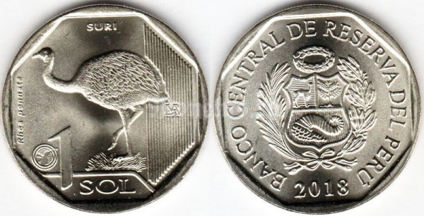 монета Перу 1 новый соль 2018 год серия Фауна Перу - Дарвинов нанду (Rhea pennata)