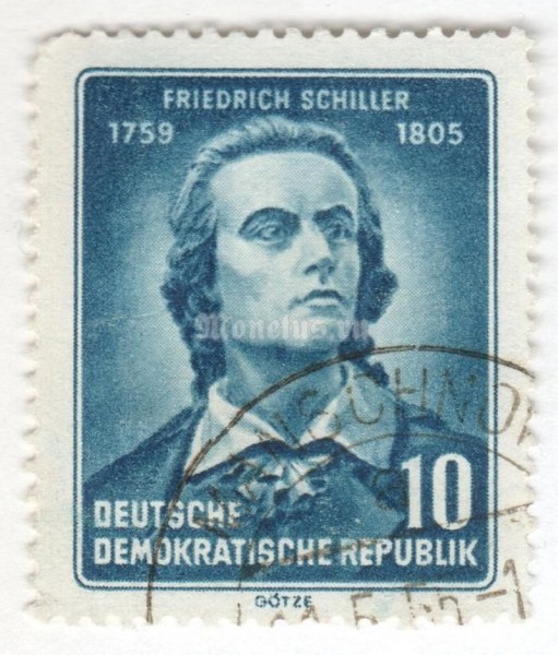 марка ГДР 10 пфенниг "Von Schiller, Friedrich" 1955 год Гашение