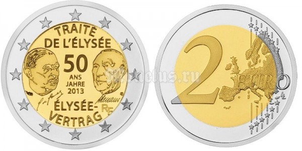 монета Германия 2 евро 2013 год 50-летие франко-германского договора о дружбе и сотрудничестве (Елисейского договора)