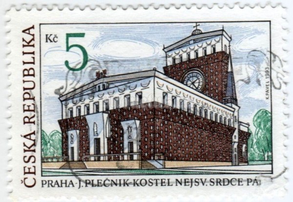 марка Чехия 5 крон "The Church of the Sacred Heart of our Lord in Prague" 1993 год гашение