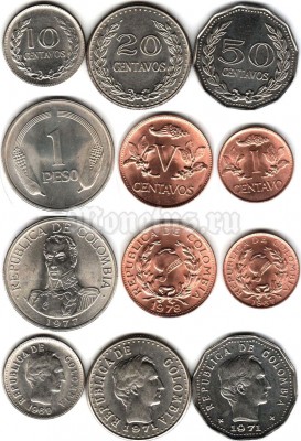 Колумбия набор из 6-ти монет 1967-1978 год