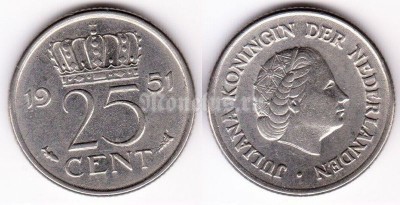 монета Нидерланды 25 центов 1951 год