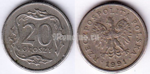 монета Польша 20 грошей 1991 год