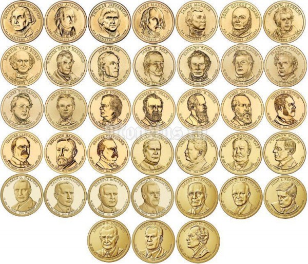 Набор из 39-ми монет 1 доллар 2007 - 2016 года Президенты США