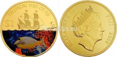 монета Фиджи 1 доллар 2009 год Серия Тропические рыбы Фиджи - Носорог оранжевоиглый/Orangespine Unicornfish