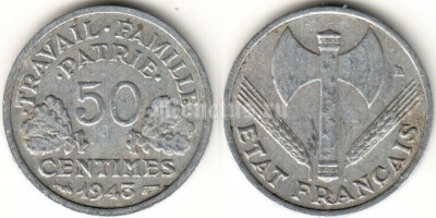 монета Франция 50 сантимов 1943 год