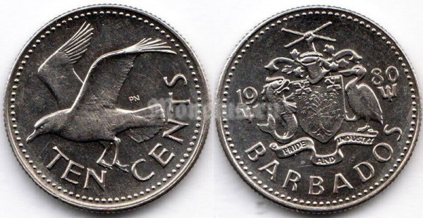 монета Барбадос 10 центов 1980 год