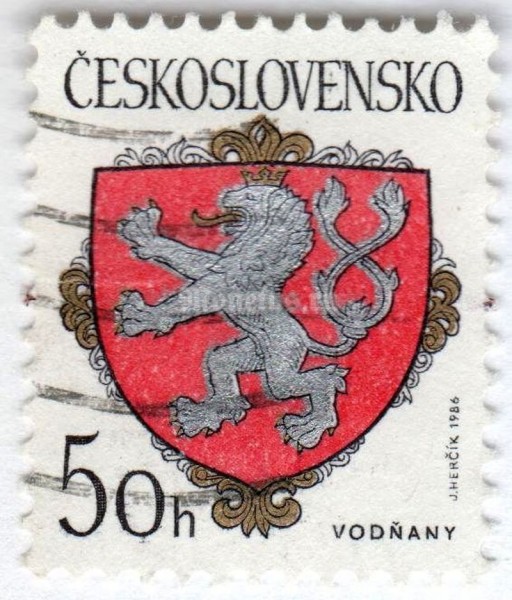 марка Чехословакия 50 геллер "Vodnany" 1986 год Гашение