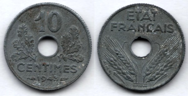 монета Франция 10 сантимов 1943 год