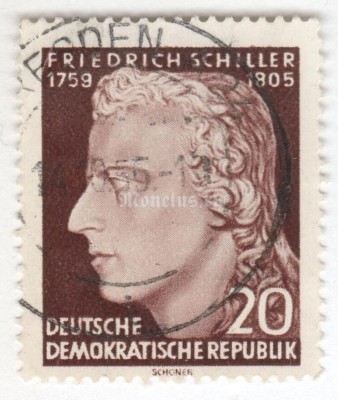 марка ГДР 20 пфенниг "Von Schiller, Friedrich" 1955 год Гашение