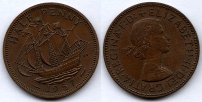Монета Великобритания 1/2 пенни 1957 год