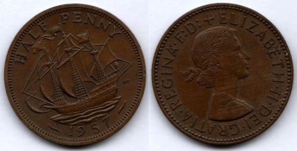 Монета Великобритания 1/2 пенни 1957 год