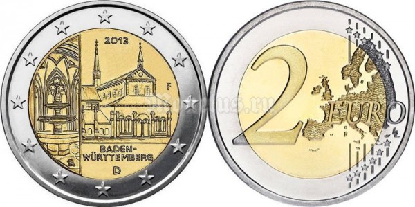 монета Германия 2 евро 2013 год серия «Федеральные земли Германии»: Баден-Вюртемберг (Монастырь Маульбронн)