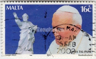 марка Мальта 16 центов "Pope John Paul II and statue of St. Paul" 2001 год гашение