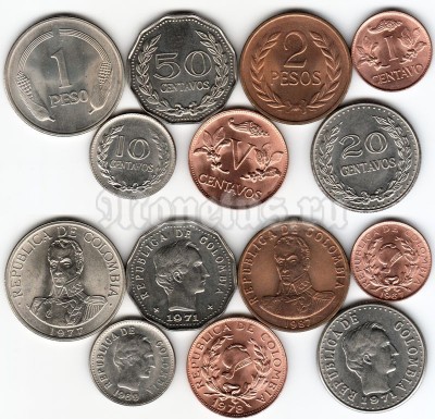 Колумбия набор из 7-ми монет 1967-1987 год