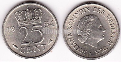 монета Нидерланды 25 центов 1954 год