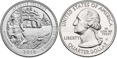 монета США 25 центов 2018 год Национальные озёрные побережья островов Апостол, штат Висконсин , 42-й парк