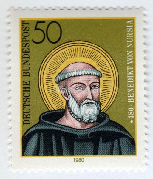 марка ФРГ 50 пфенниг "Saint Benedict of Nursia" 1980 год