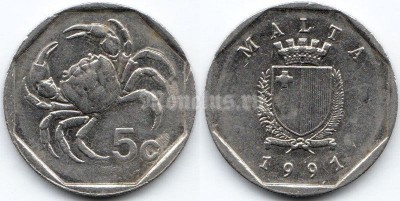 монета Мальта 5 центов 1991 год